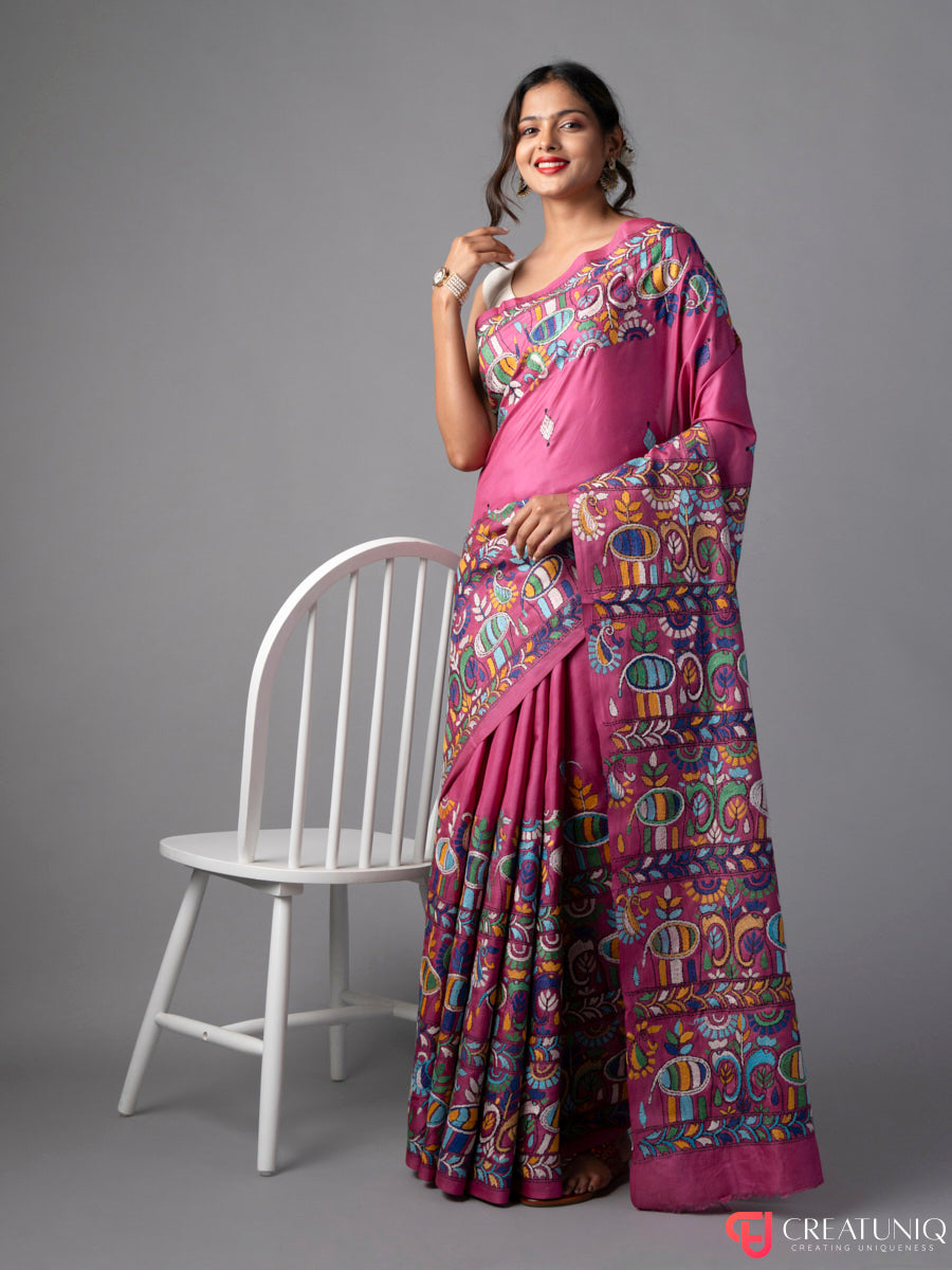 Elephant Tales Kantha Embroidered Pink Silk Saree