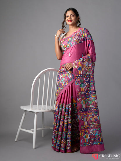 Elephant Tales Kantha Embroidered Pink Silk Saree