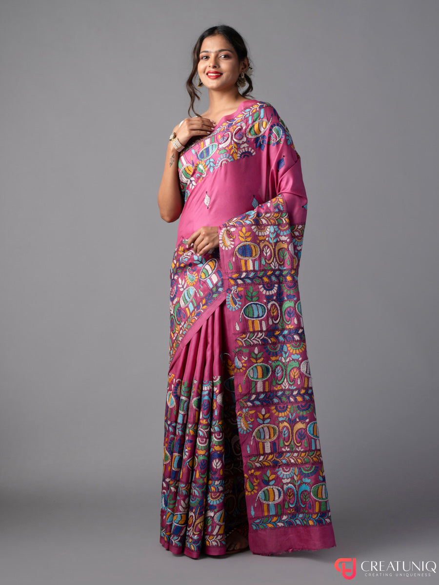Elephant Tales Kantha Embroidered Pink Silk Saree