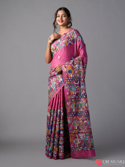 Elephant Tales Kantha Embroidered Pink Silk Saree