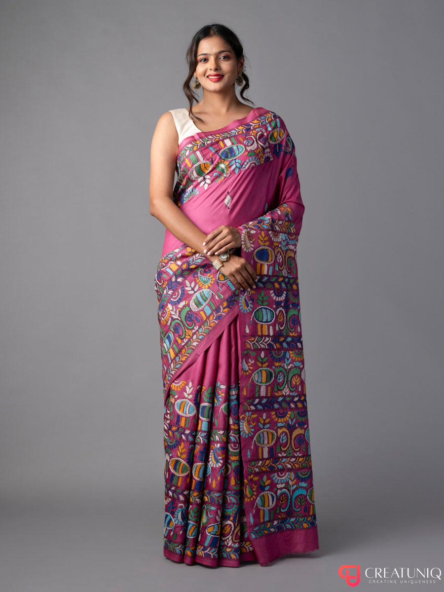 Elephant Tales Kantha Embroidered Pink Silk Saree