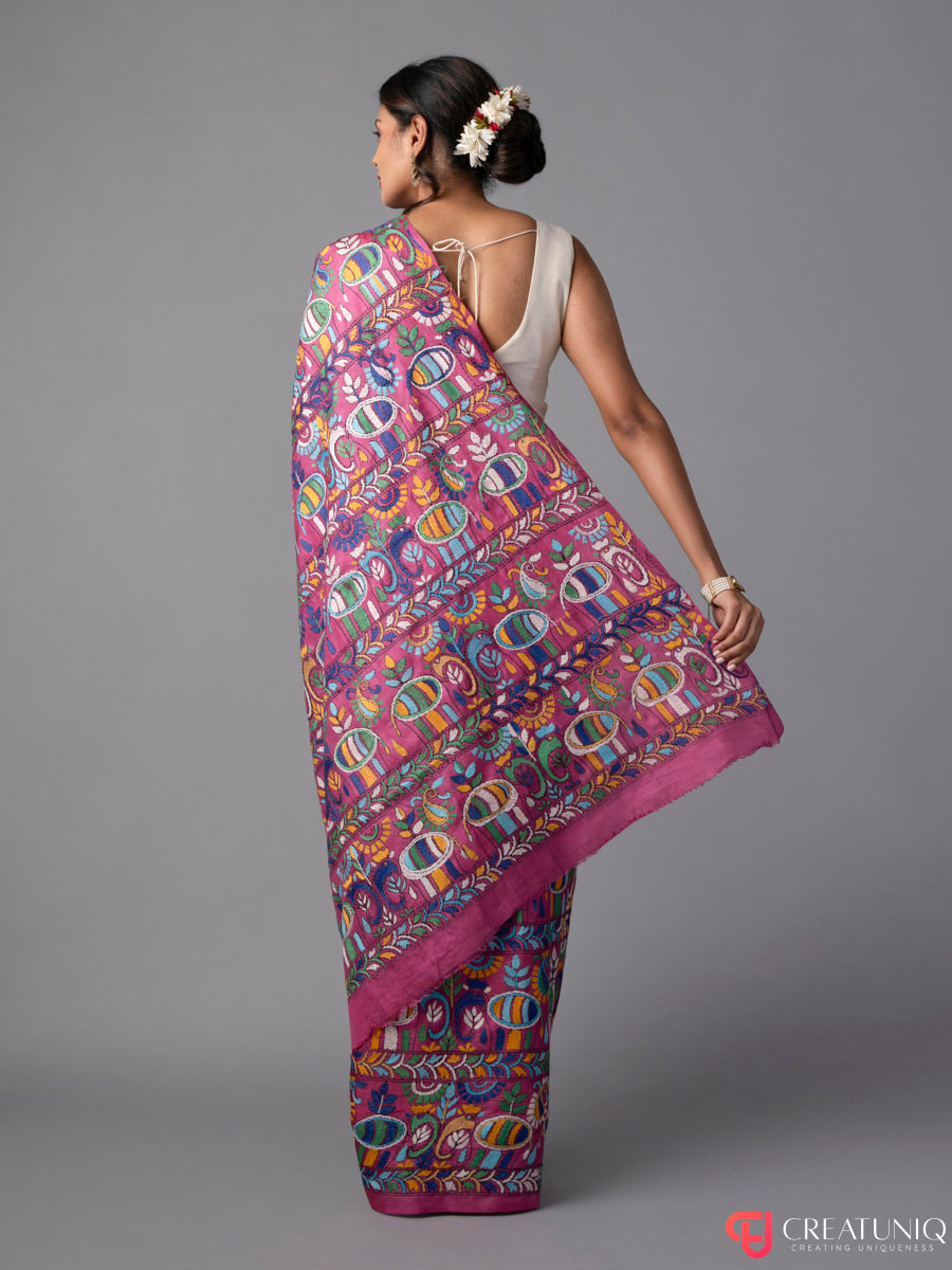 Elephant Tales Kantha Embroidered Pink Silk Saree