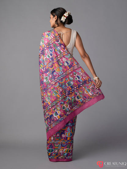 Elephant Tales Kantha Embroidered Pink Silk Saree