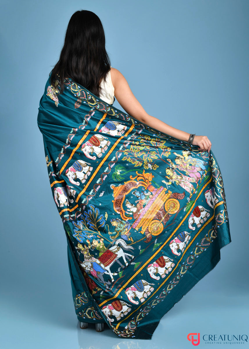 Exquisite Hand-Painted Pattachitra Pure Silk Saree Depicting Mathura Vijay