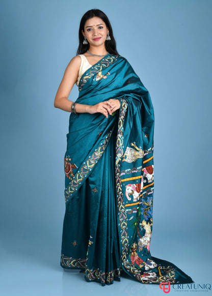 Exquisite Hand-Painted Pattachitra Pure Silk Saree Depicting Mathura Vijay