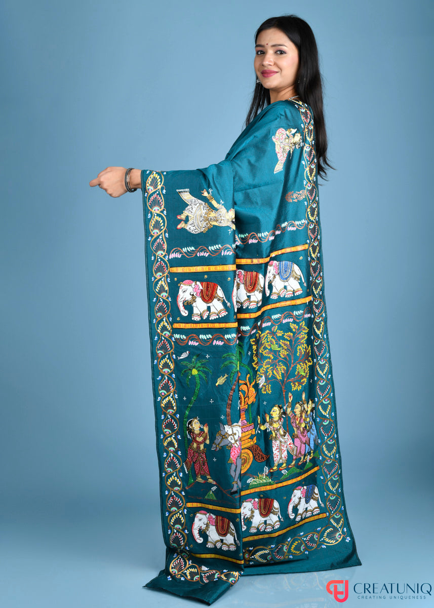 Exquisite Hand-Painted Pattachitra Pure Silk Saree Depicting Mathura Vijay