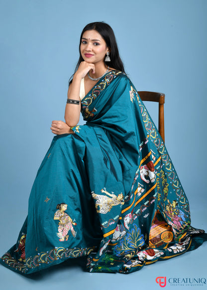 Exquisite Hand-Painted Pattachitra Pure Silk Saree Depicting Mathura Vijay