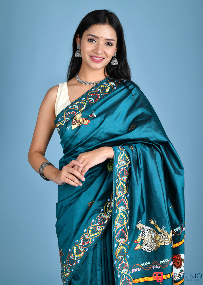 Exquisite Hand-Painted Pattachitra Pure Silk Saree Depicting Mathura Vijay