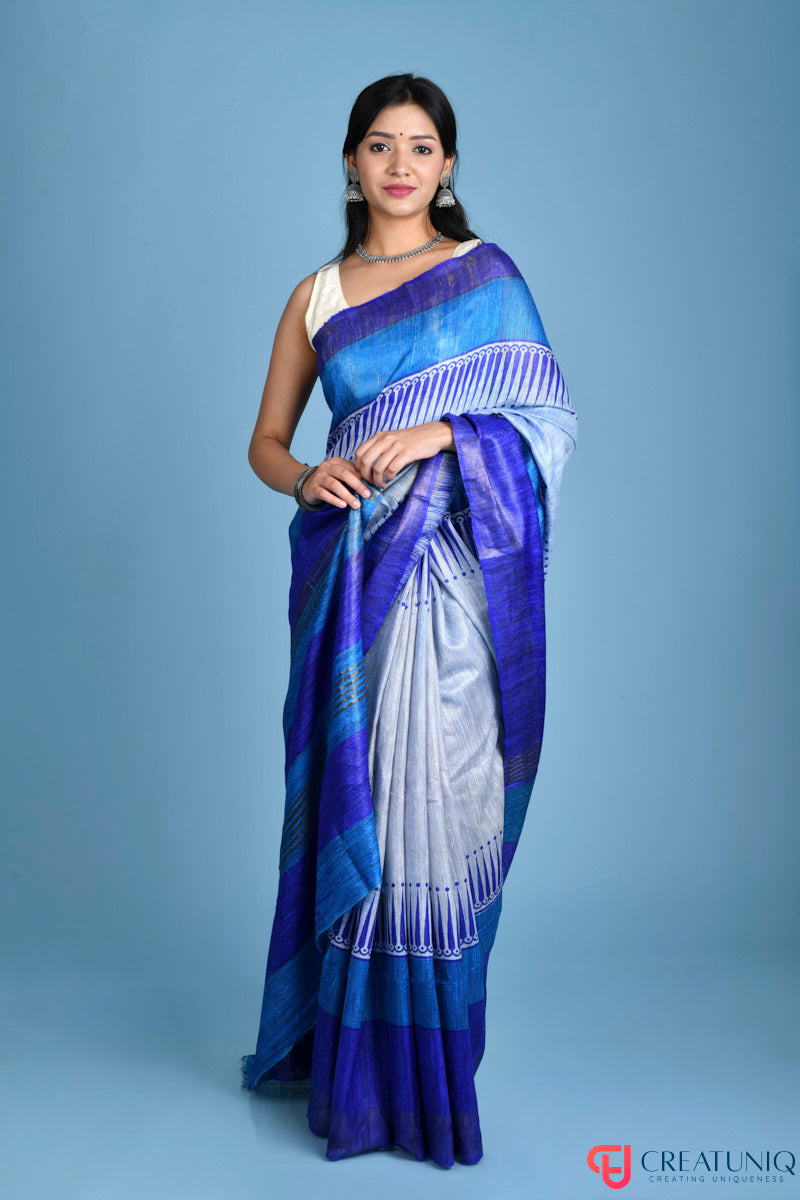 Exquisite Handwoven Pure Silk Saree with Intricate Patterns - Dual Blue