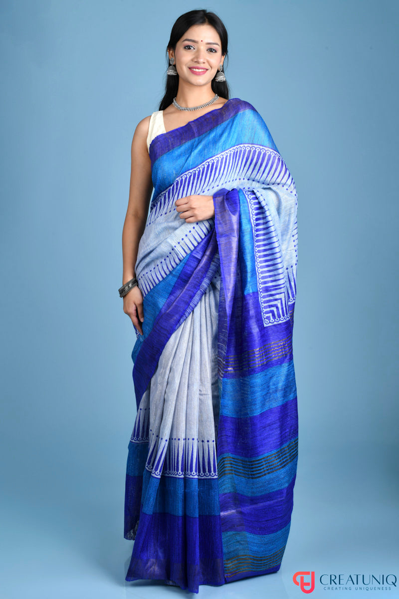 Exquisite Handwoven Pure Silk Saree with Intricate Patterns - Dual Blue