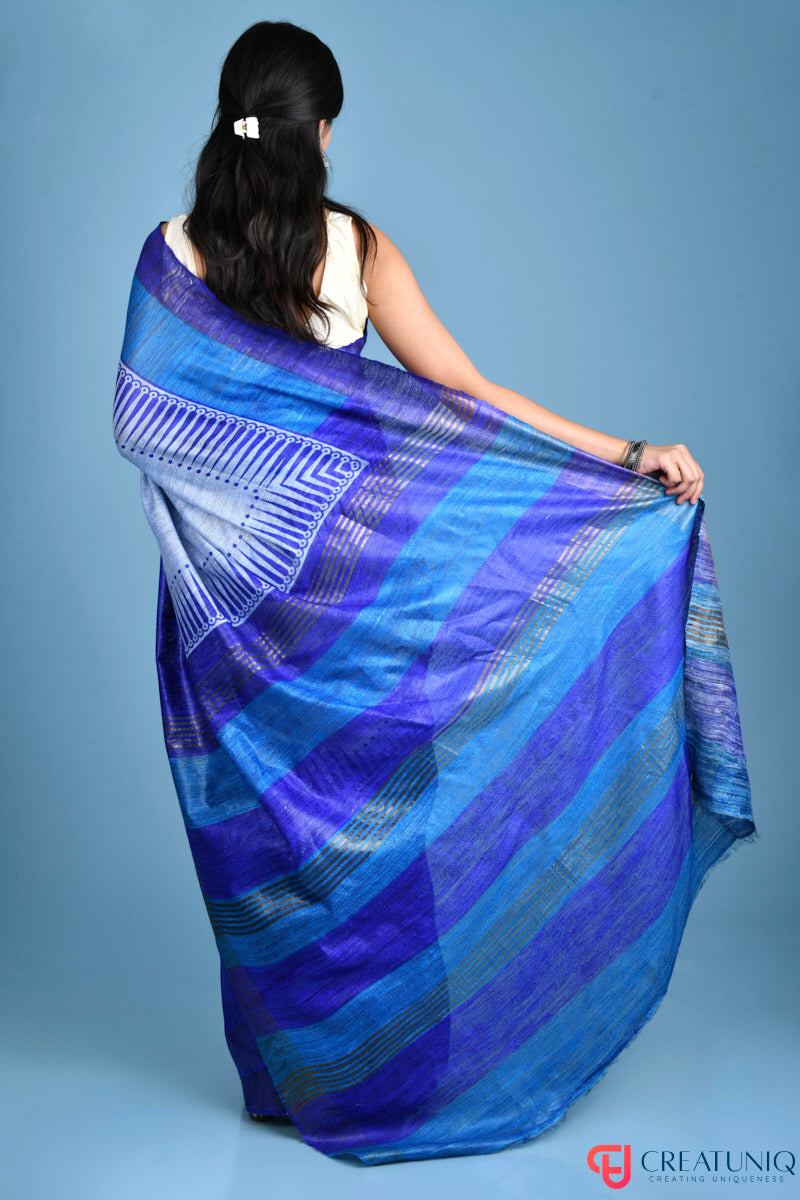 Exquisite Handwoven Pure Silk Saree with Intricate Patterns - Dual Blue
