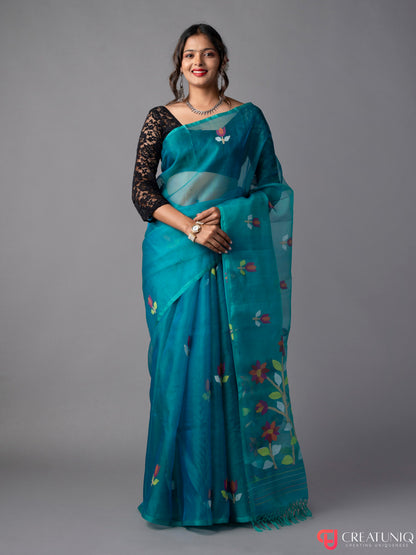 Floral Blue Jamdani Saree in Pure Silk
