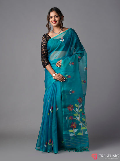 Floral Blue Jamdani Saree in Pure Silk