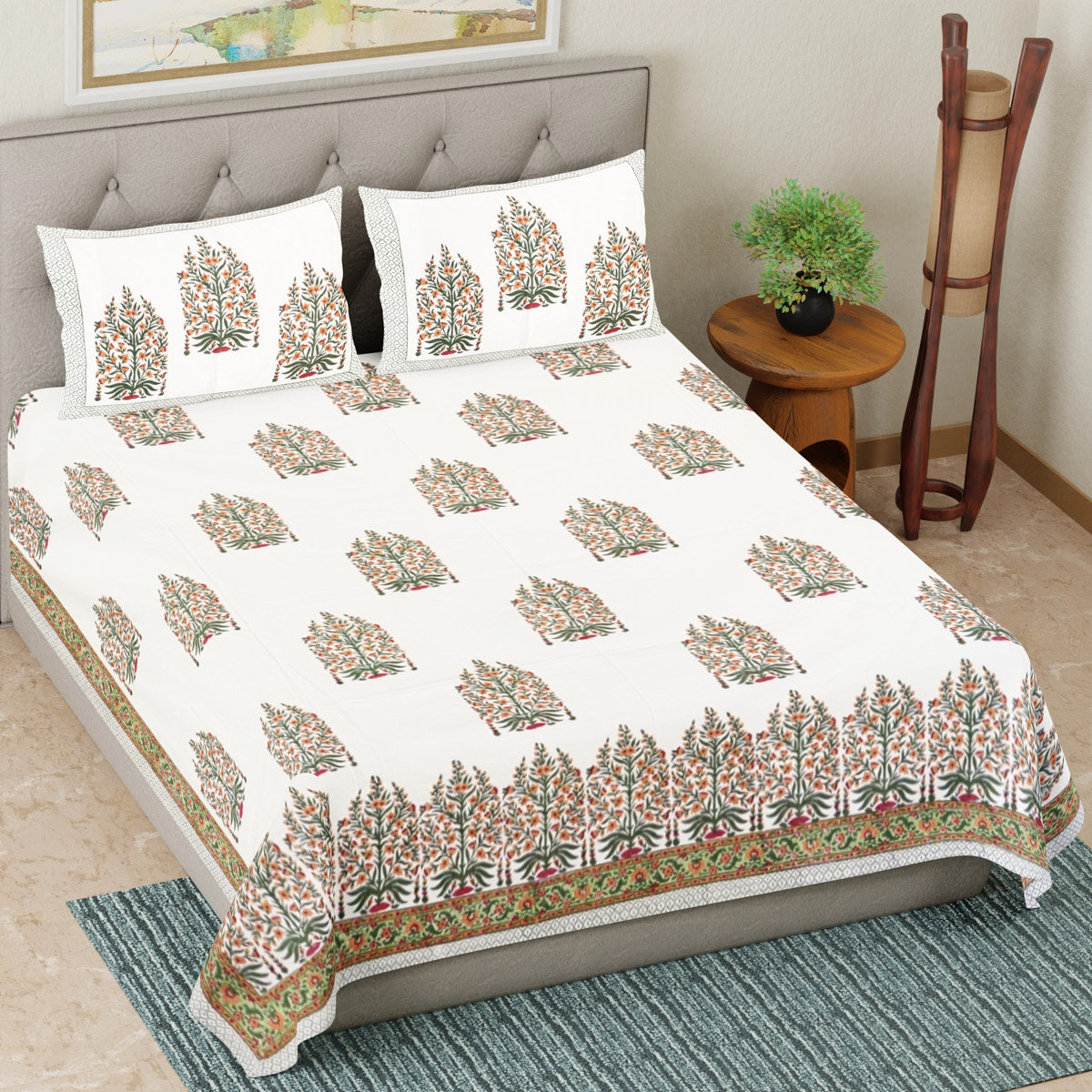 Floral Elegance Hand Block Printed Cotton Bedsheet
