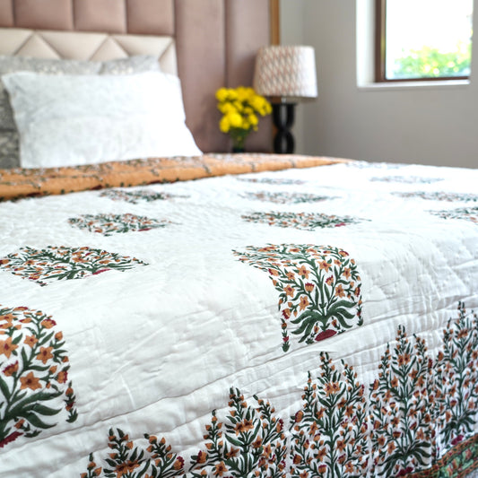 Floral Elegance Reversible Hand Block Printed Cotton Quilt