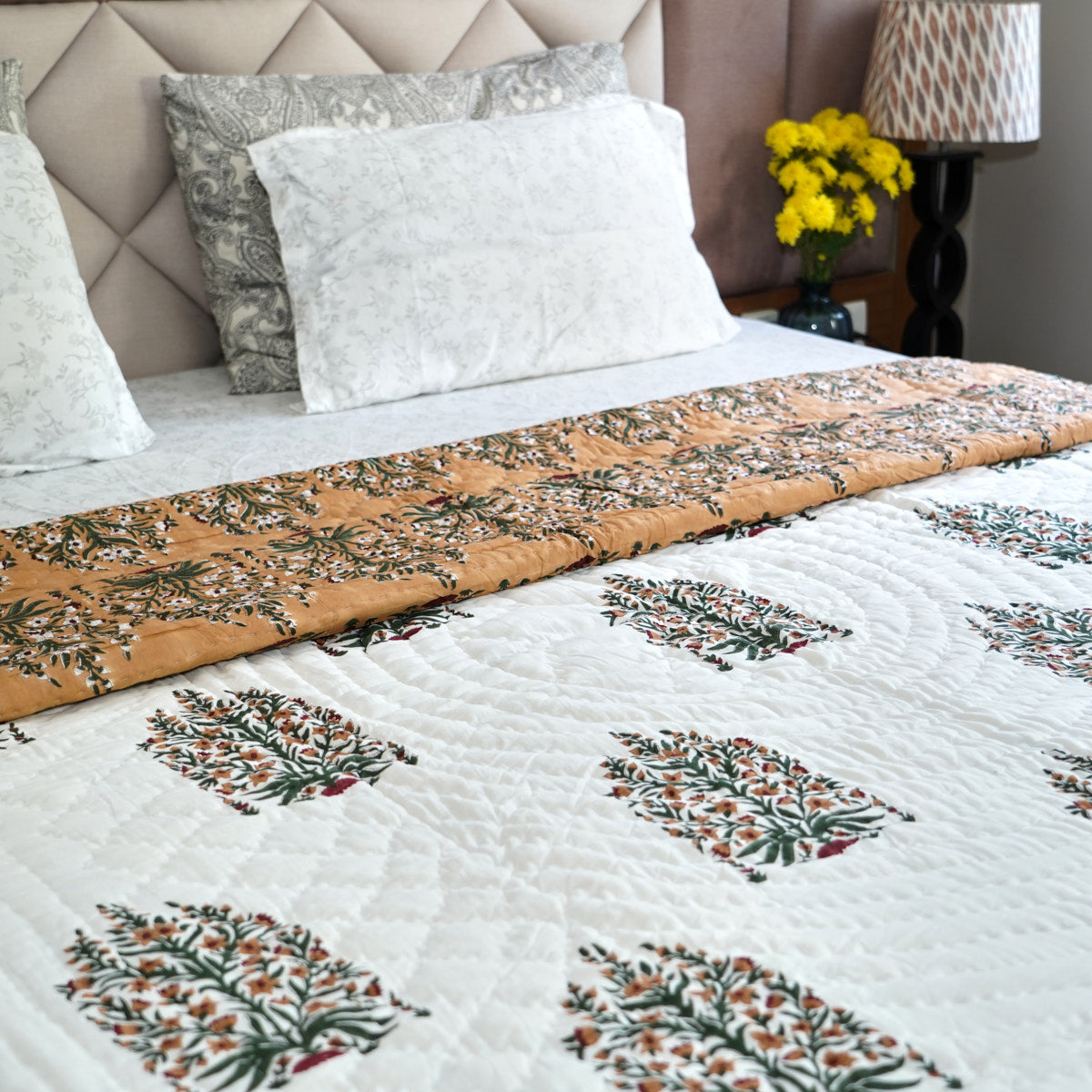 Floral Elegance Reversible Hand Block Printed Cotton Quilt
