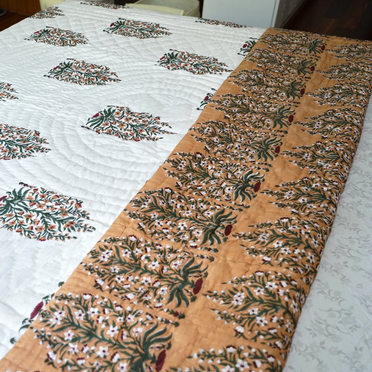 Floral Elegance Reversible Hand Block Printed Cotton Quilt