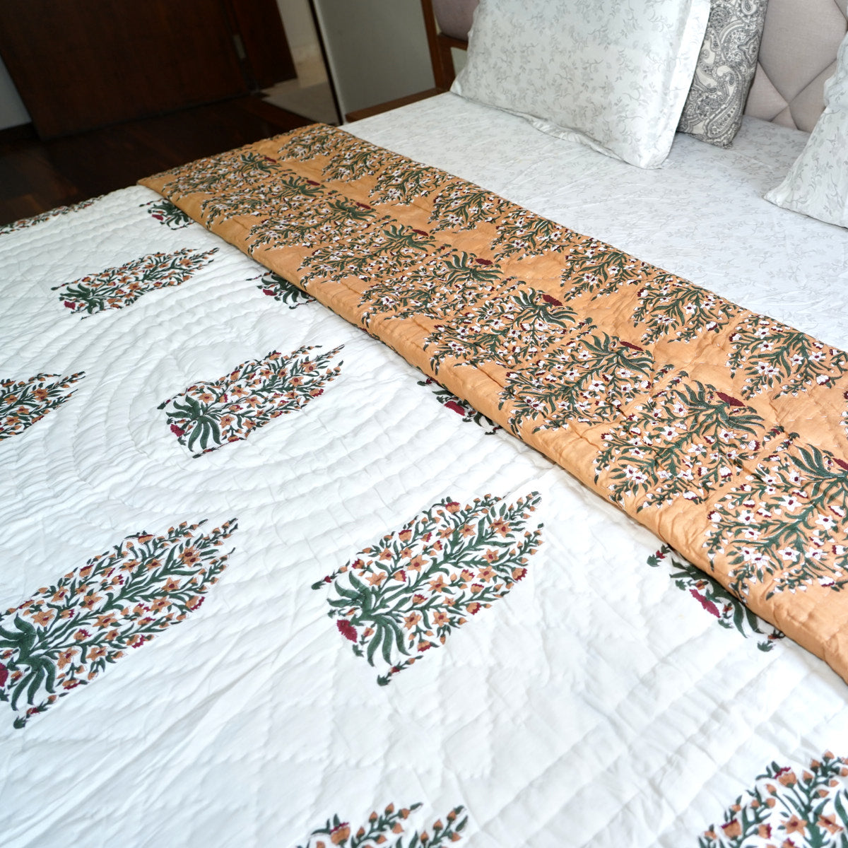 Floral Elegance Reversible Hand Block Printed Cotton Quilt