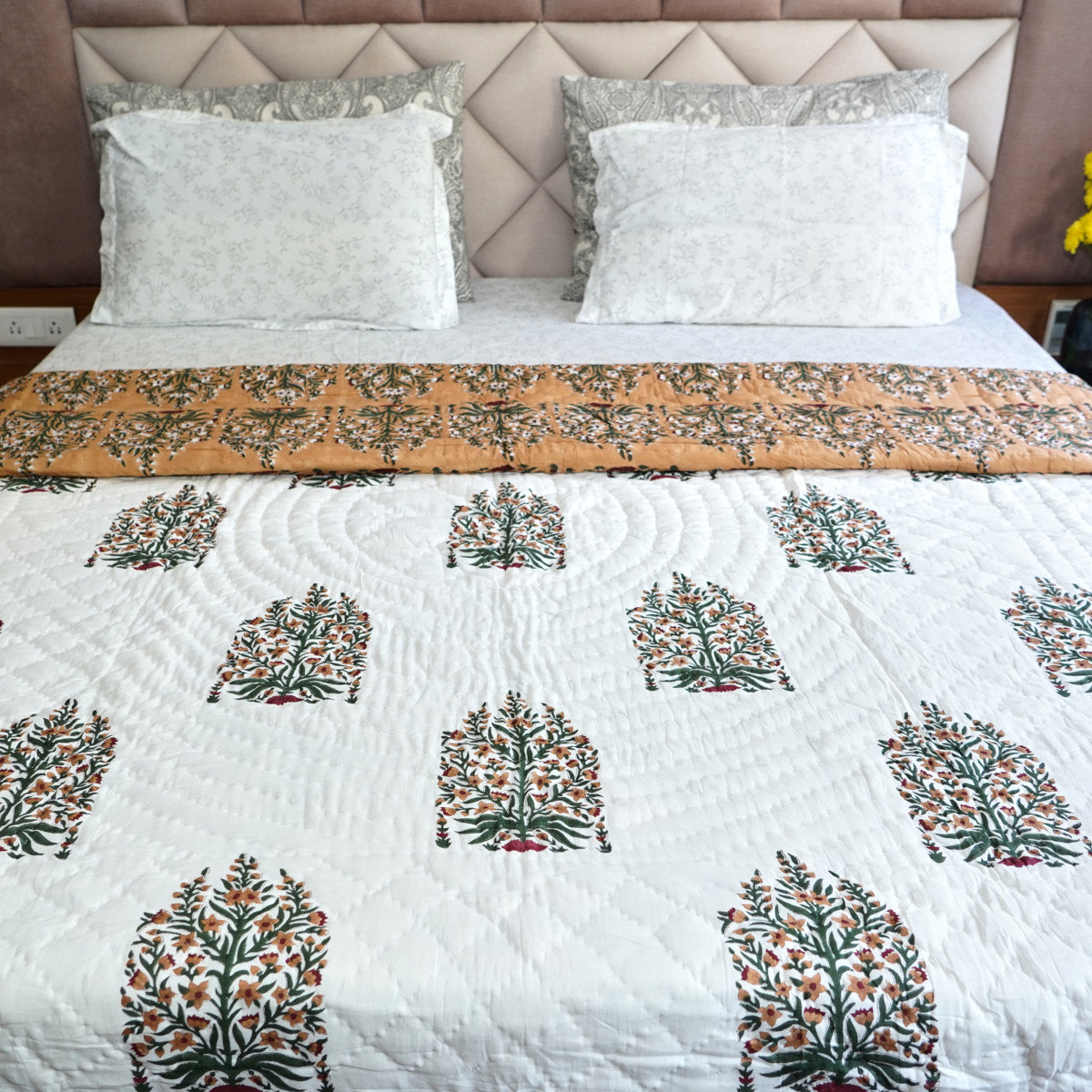 Floral Elegance Reversible Hand Block Printed Cotton Quilt