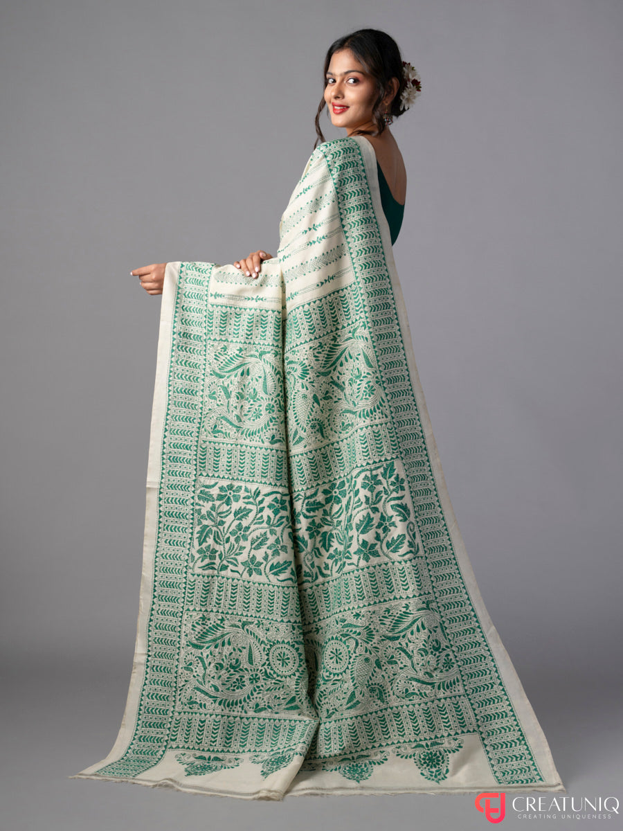 Floral Green Kantha Saree on Off White Pure Silk