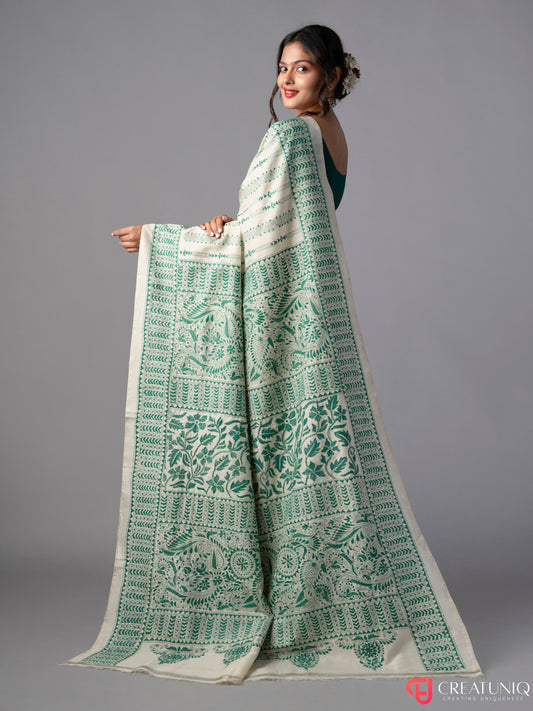 Floral Green Kantha Saree on Off White Pure Silk