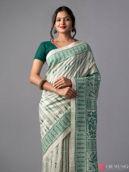 Floral Green Kantha Saree on Off White Pure Silk