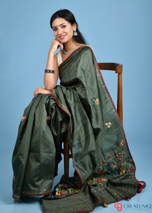 Floral Hand Embroidery Dark Green Blended Silk Saree