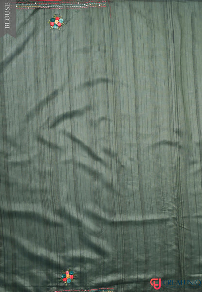 Floral Hand Embroidery Dark Green Blended Silk Saree