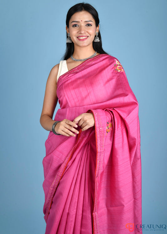 Floral Hand Embroidery Hippie Pink Blended Silk Saree
