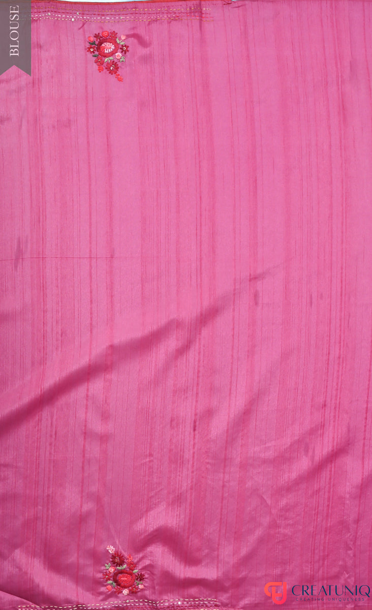 Floral Hand Embroidery Hippie Pink Blended Silk Saree