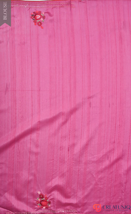 Floral Hand Embroidery Hippie Pink Blended Silk Saree