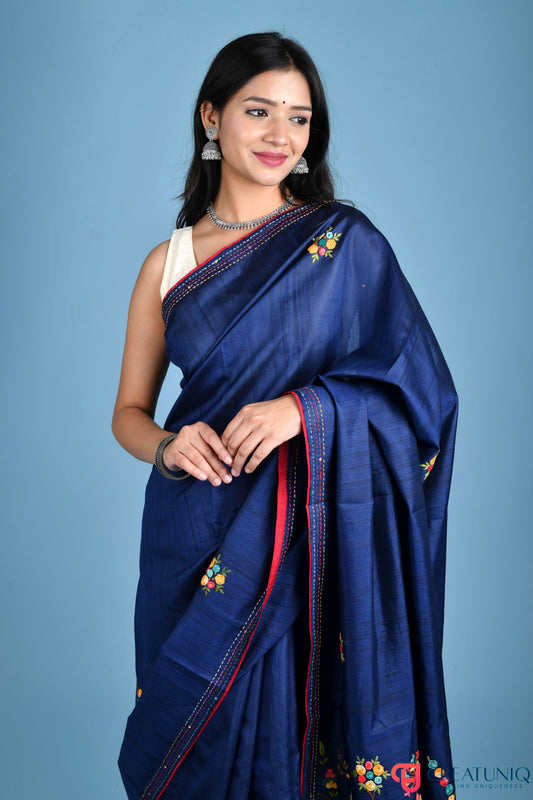 Floral Hand Embroidery Navy Blue Blended Silk Saree