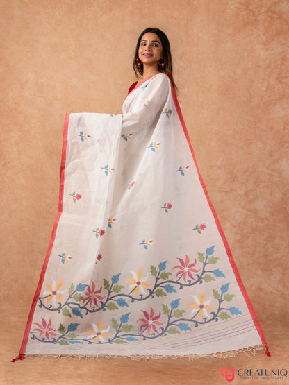 Floral Jamdani Pure Cotton Saree – Off White