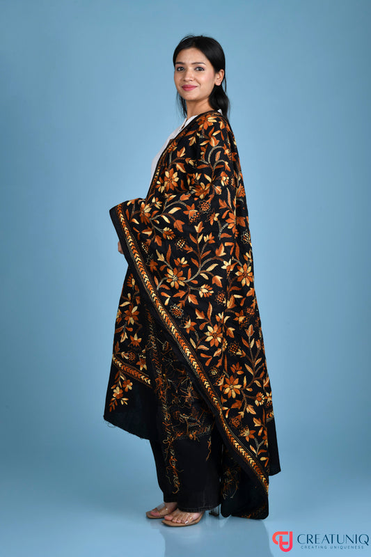 Floral Kantha Hand Embroidery Dupatta on Pure Cotton- Black