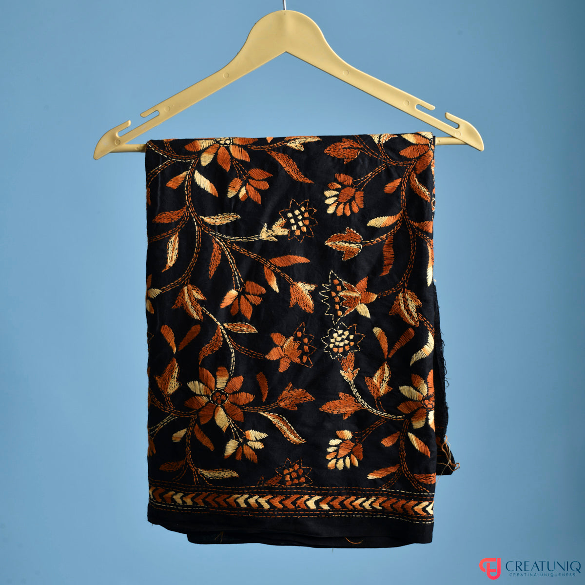Floral Kantha Hand Embroidery Dupatta on Pure Cotton- Black