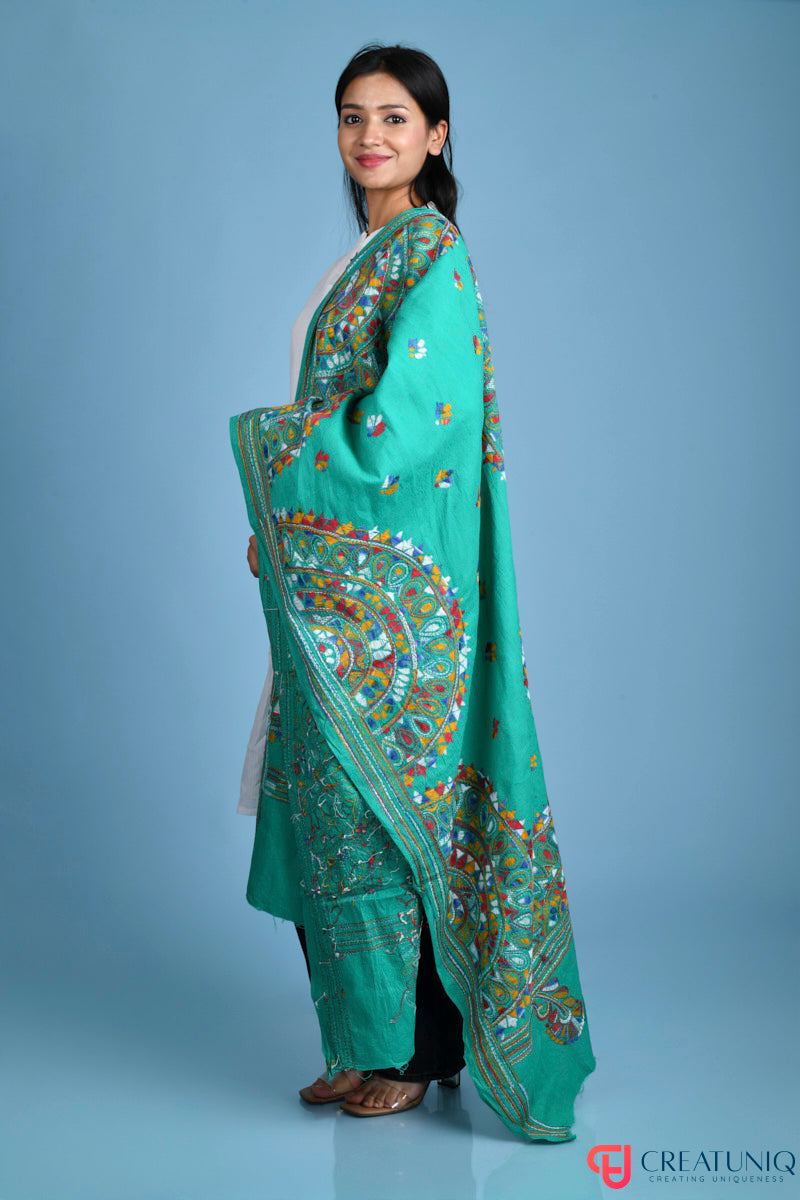 Floral Kantha Hand Embroidery Dupatta on Pure Cotton- Emerald Green