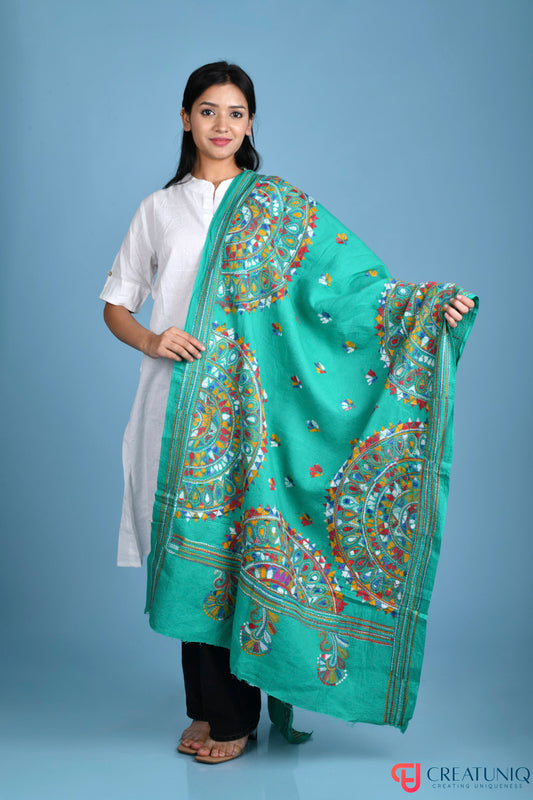 Floral Kantha Hand Embroidery Dupatta on Pure Cotton- Emerald Green
