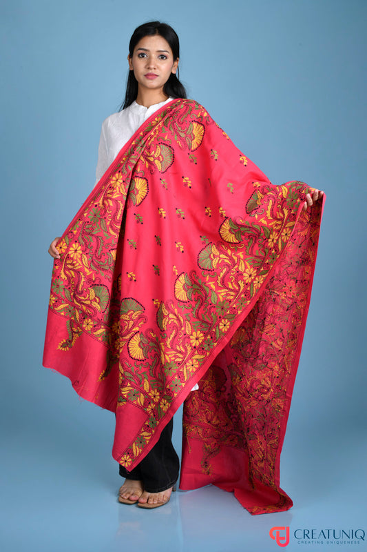Floral Kantha Hand Embroidery Dupatta on Pure Cotton- Magenta