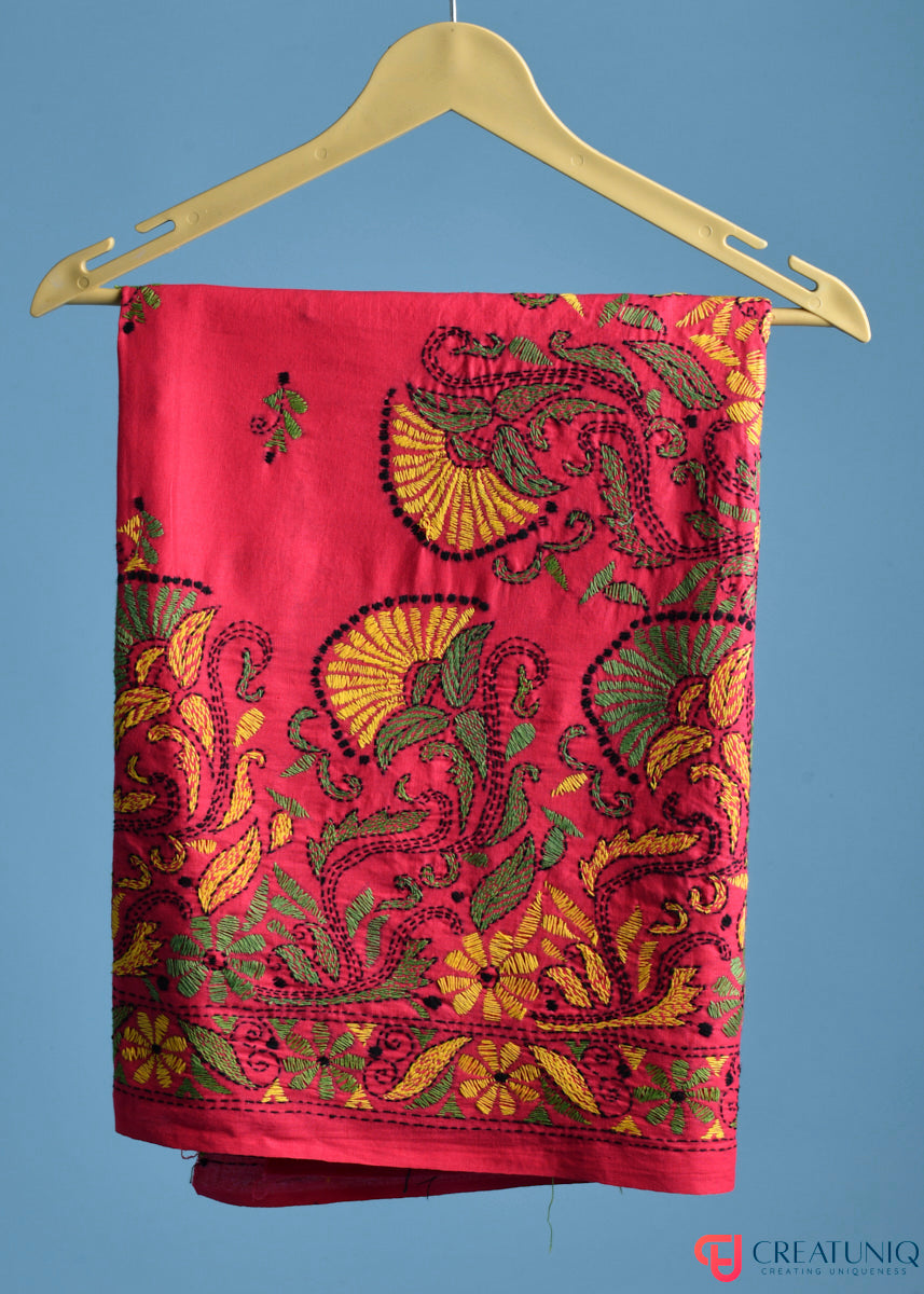 Floral Kantha Hand Embroidery Dupatta on Pure Cotton- Magenta