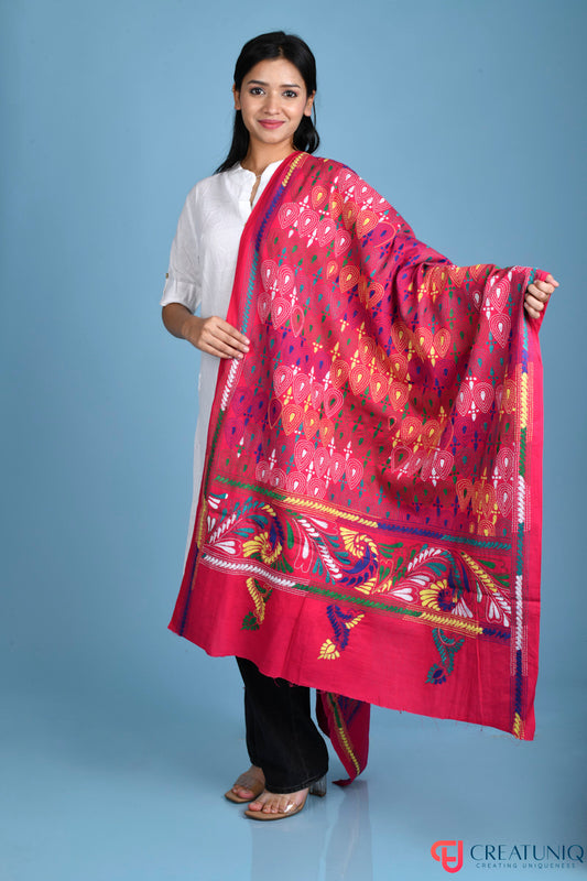 Floral Kantha Hand Embroidery Dupatta on Pure Cotton- Red