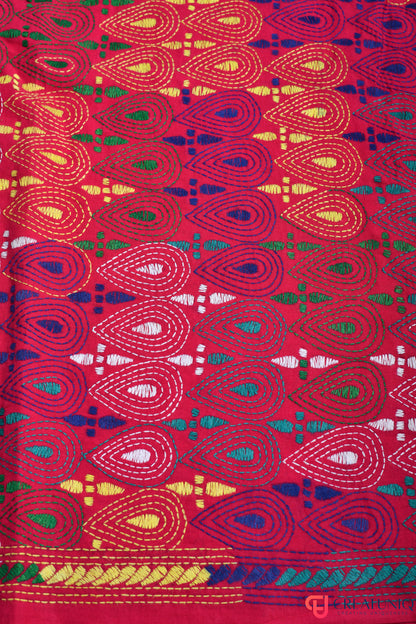 Floral Kantha Hand Embroidery Dupatta on Pure Cotton- Red