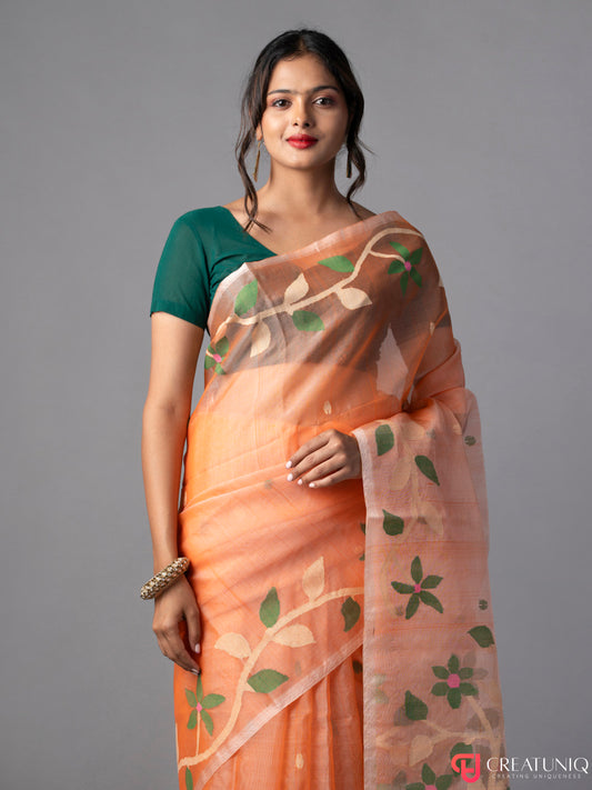 Floral Orange Jamdani Saree in Pure Silk
