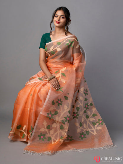Floral Orange Jamdani Saree in Pure Silk