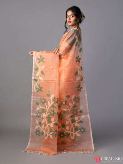 Floral Orange Jamdani Saree in Pure Silk