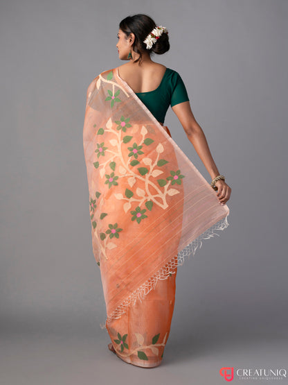 Floral Orange Jamdani Saree in Pure Silk