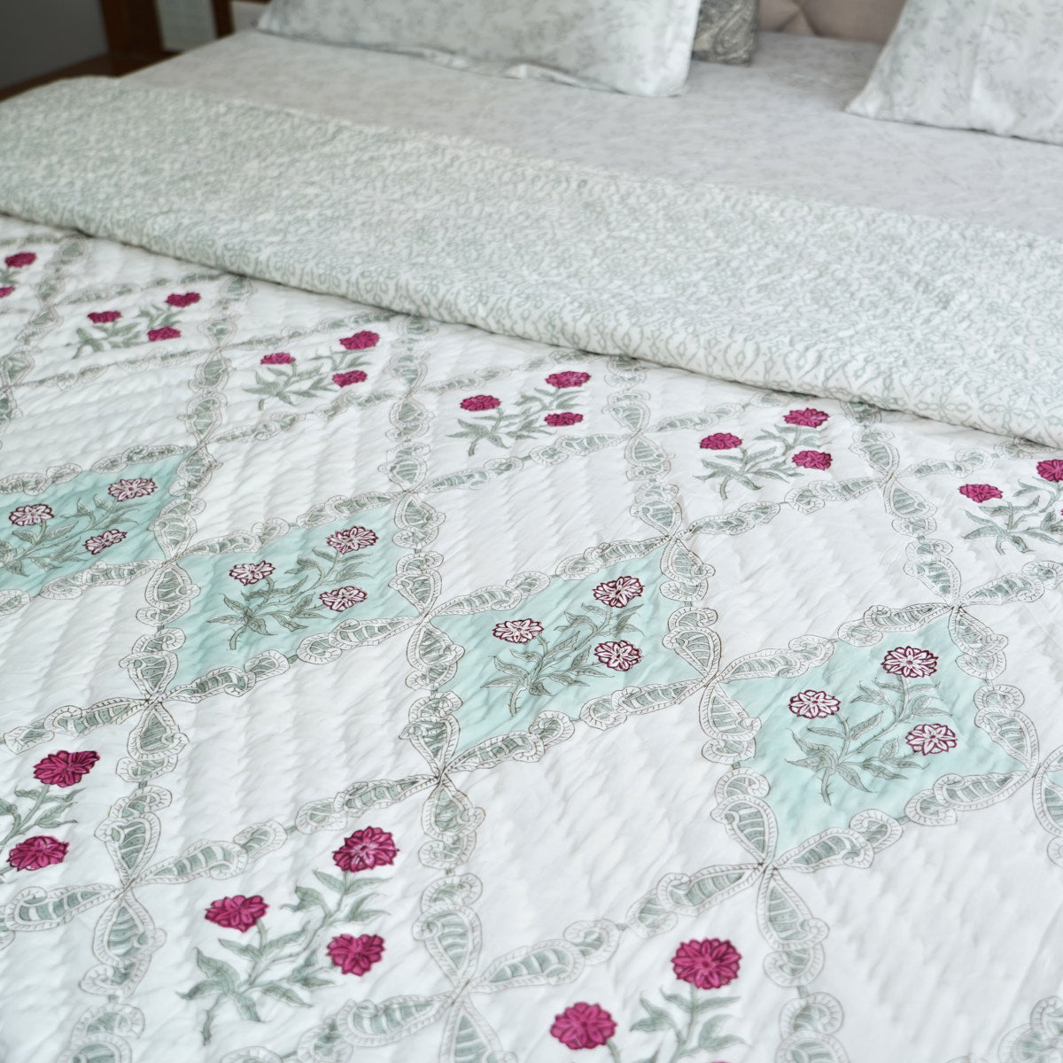 Floral Trellis Dream Reversible Hand Block Printed Cotton Quilt
