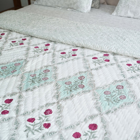 Floral Trellis Dream Reversible Hand Block Printed Cotton Quilt