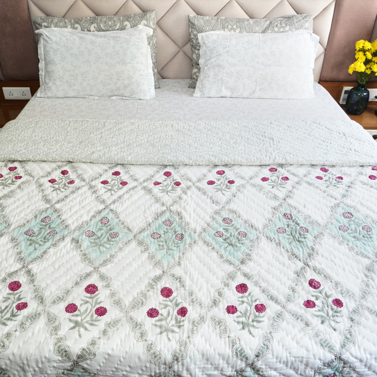 Floral Trellis Dream Reversible Hand Block Printed Cotton Quilt