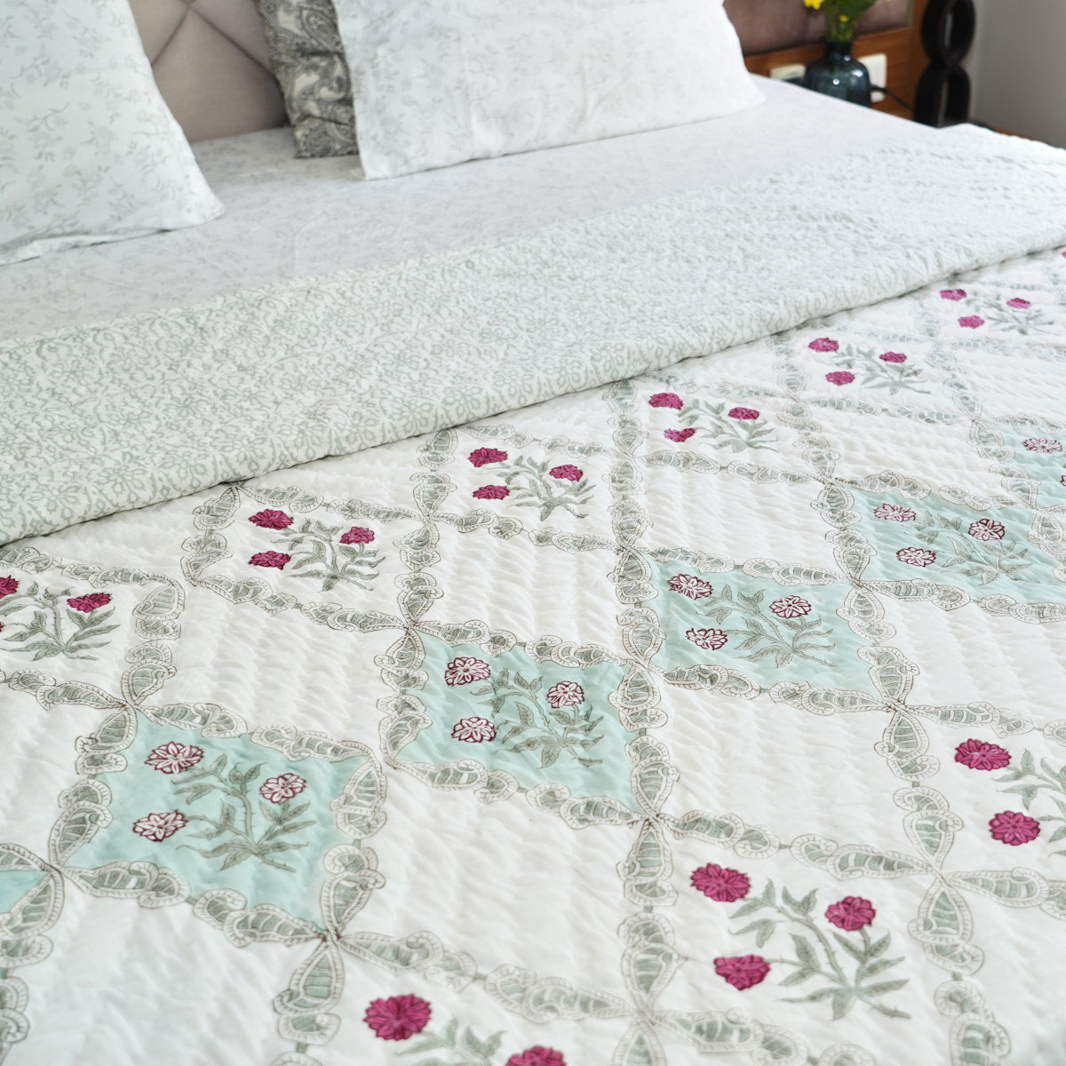 Floral Trellis Dream Reversible Hand Block Printed Cotton Quilt