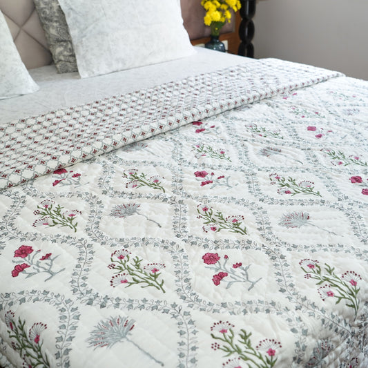 Floral Vines Symphony Reversible Hand Block Printed Cotton Quilt
